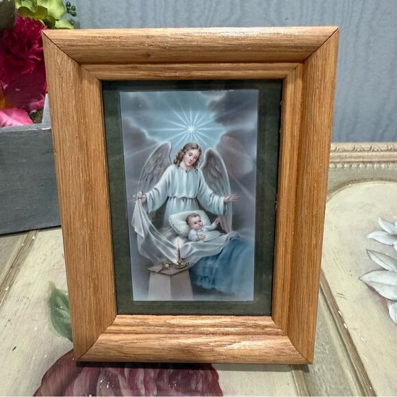 Vintage Heavenly Guardian Angel & Child Miniature Framed Prayer Card Wood Frame - Picture 6 of 6